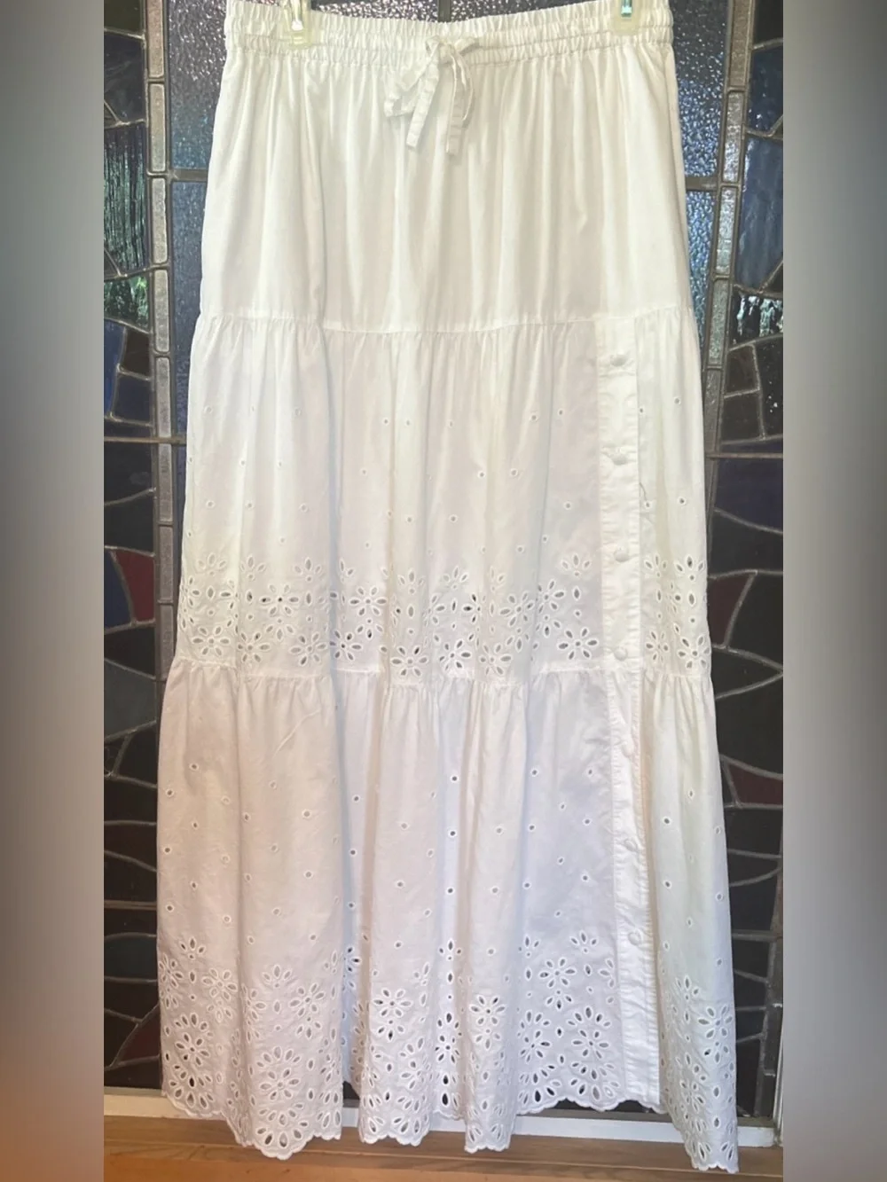 COACH White Eyelet Tiered Maxi Skirt Side Buttons Size 8